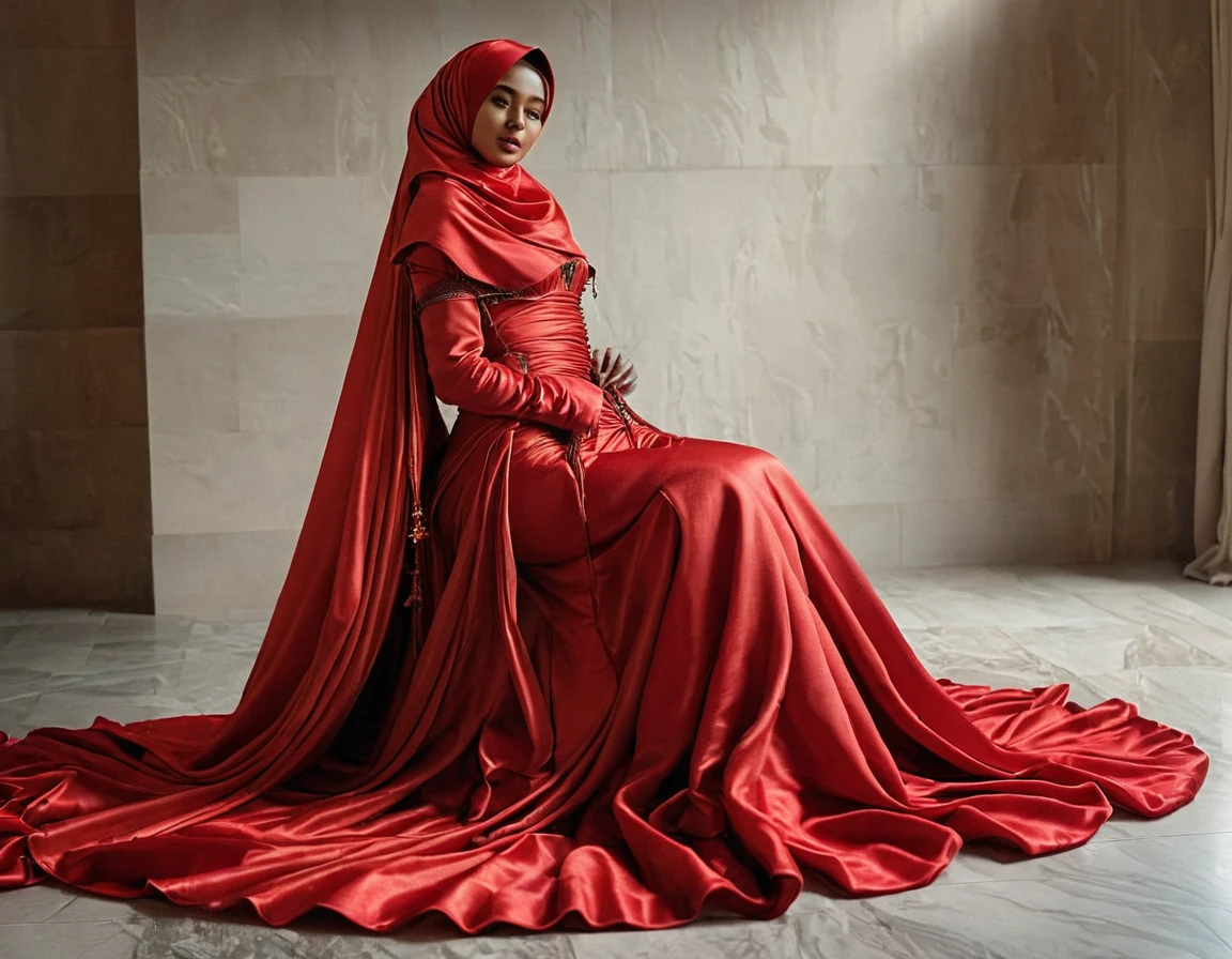 A slave woman shrouded in a 7-meter-long, plush red satin cloth, tightly bound and grandly draping along the form of her body, flowing off into a pooled floor-length train, styled in a mermaid-inspired outfit, her head modestly veiled in a satin hijab, wear corset, a full-body pose conveying a sense of mysterious elegance, captured in a 4k resolution, ultra-realistic