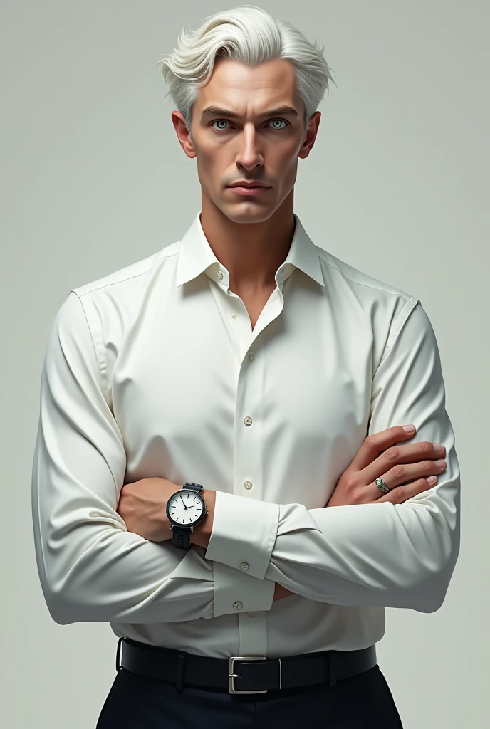Character portrait、male、Bob with white hair、White eyes、White shirt、Black trousers、