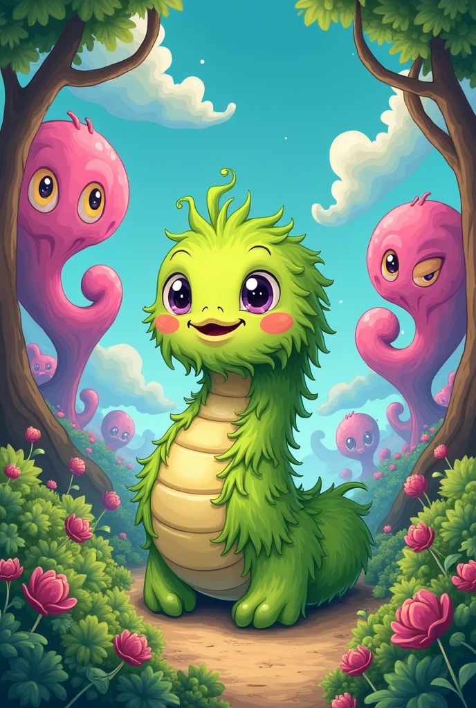 GRASSWORM IN THE CENTER AND ON ALL SIDES THE BILLANOS THAT THIS IMAGE HAD WERE DISTRIBUTED. I WANT IT TO BE IN A CARTOON STYLE