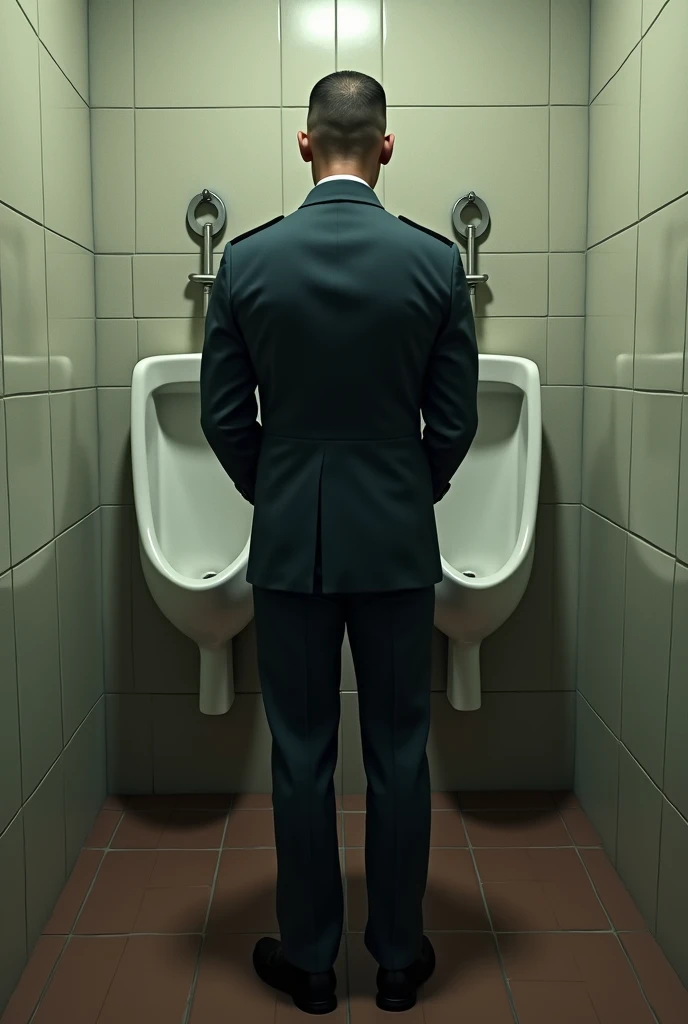 A uniformed soldier urinating in a wall urinal bowl. Epicrealism theme. View from behind 
