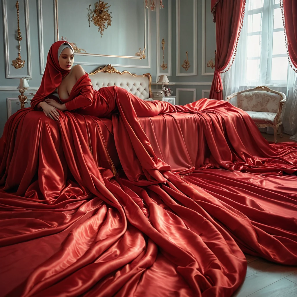 A rusian woman shrouded in a 7-meter-long, plush red satin cloth, tightly bound and grandly draping along the form of her body, flowing off into a pooled floor-length train, styled in a mermaid-inspired outfit, her head modestly veiled in a satin hijab, tall woman, in luxury bed room,satin sheet, a full-body pose conveying a sense of mysterious elegance, captured in a 4k resolution, ultra-realistic