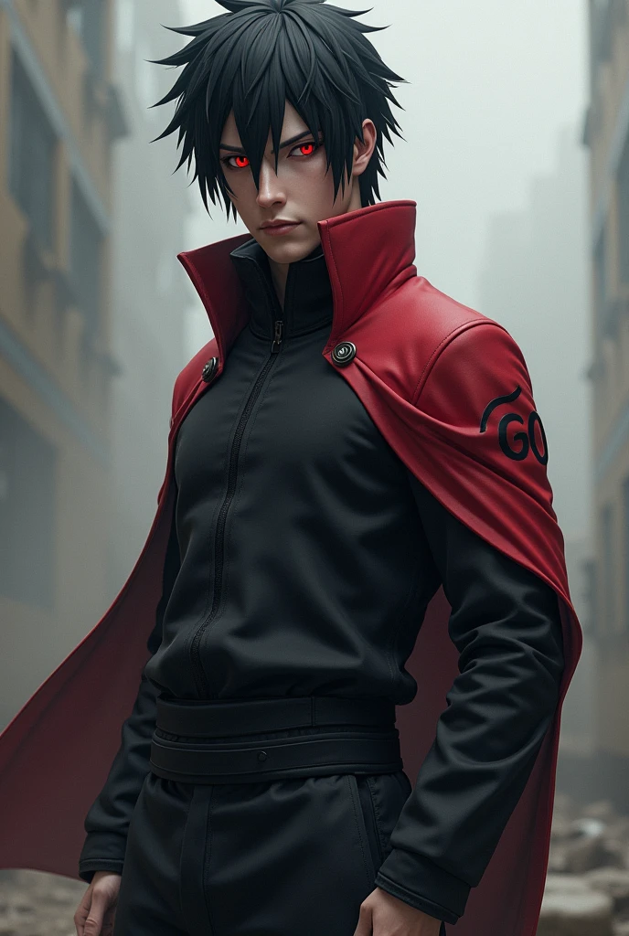 Minato Namikaze with black hair and red eyes, fully body
