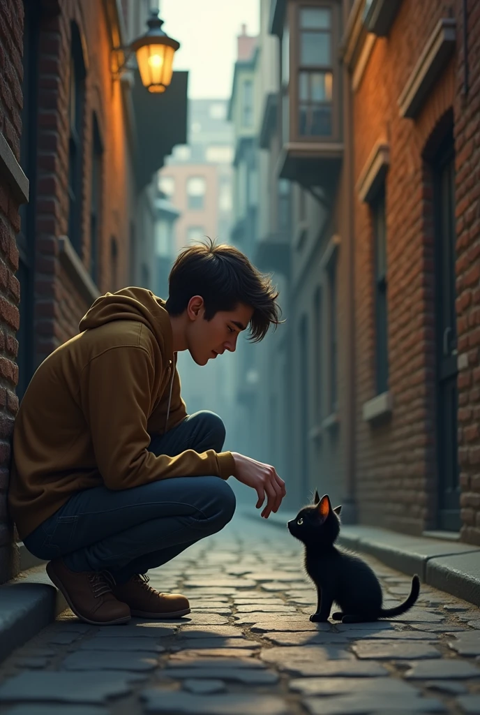Max is walking down a narrow street when he hears a meow.. He turns around and sees a small black kitten in the corner of an alley.. Max crouches down, and the kitten looks at him with shining eyes.