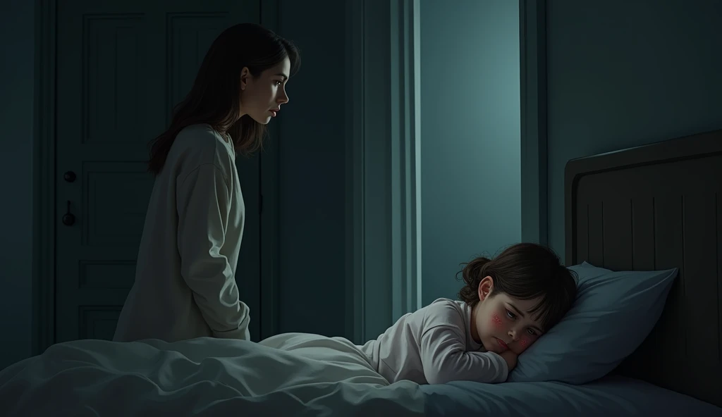 A mother stands in the doorway of a dimly lit room at night, looking at her daughter with a mix of concern and sympathy. The young girl is curled up on her bed, tightly clutching the edge of her blanket, with tear stains visible on her cheeks. The room has a soft, shadowy atmosphere, emphasizing the feeling of isolation and sadness. The mother's expression shows worry and tenderness.