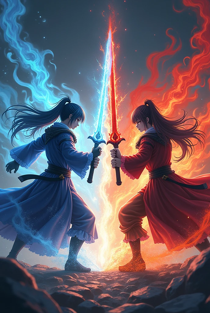 anime drawing. double dagger one of ice the other of fire of darkness
