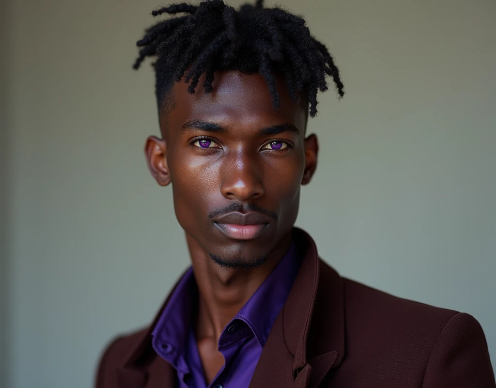 Photograph headshot of a very tall French-Nubian featured male model, wavy hair parted to the side hair, shaved chin, shaved upper lip, toned body, ebony skin, vibrant purple eyes, tall thin toned body. Kind expression. Wearing brown and purple clothes.