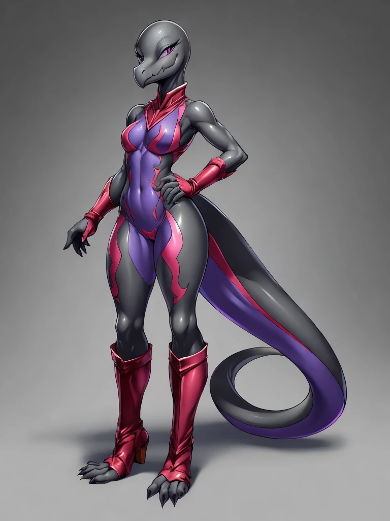 ((Lizard)), furry female anthro,Lizard woman,HD,sharp,beautiful and detailed,woman ((anthro)),1girl,young girl,green skin,(look at viewer) ,reptile girl,by dr comet,by pochincoff, by jlullaby,by kingbang,by obui,by ZeroQrisu,by sparrow,by gmeen,seduce smile,((thief outfit)),athlete,Salazzle,((simple background)),(gray background,)