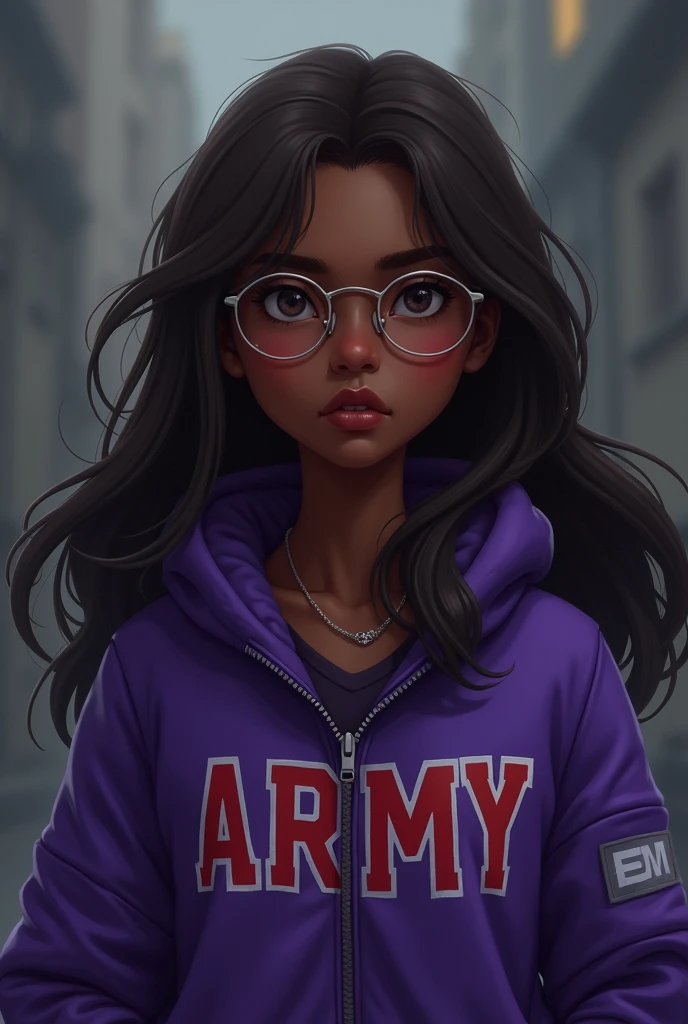 Dark skinned teenage girl with long brown hair and glasses wearing a purple jacket that says ARMY