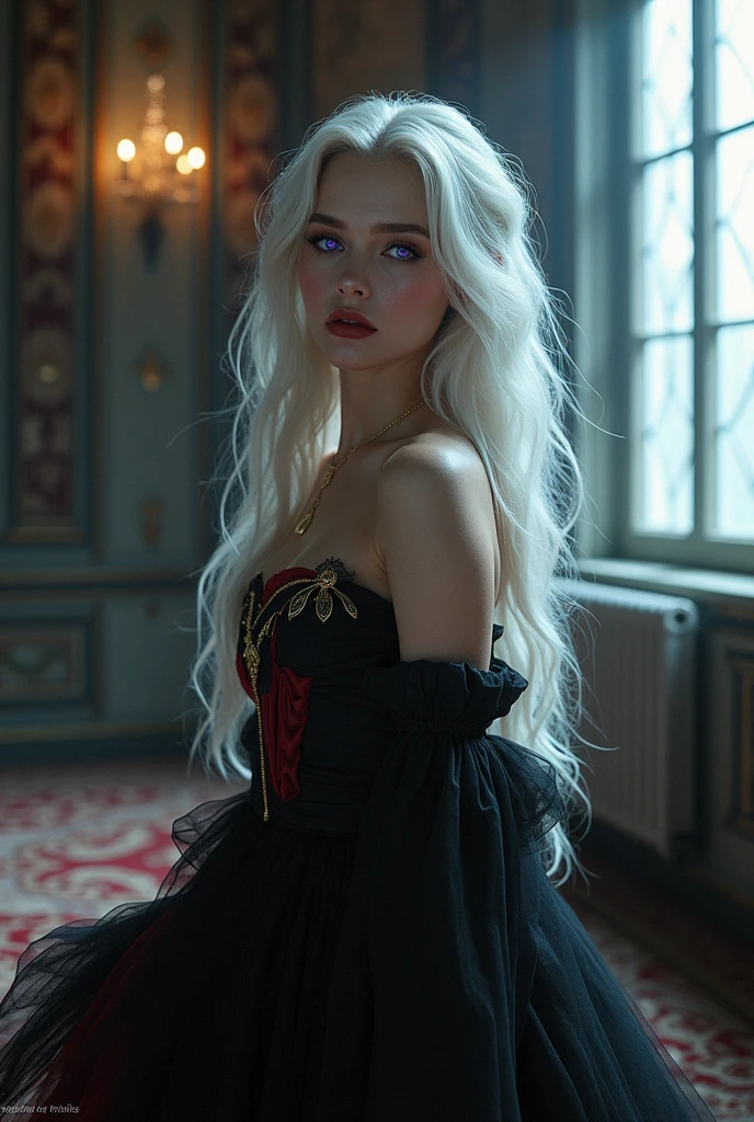She is a beautiful young woman of 2, with silky white hair that cascades over her shoulders. His eyes are a deep purple, glowing with a faint supernatural glow, emanating an aura of mystery and power. Your beauty is undeniable, with delicate features that highlight its unique and mesmerizing appearance.clothing style:
She wears a luxurious and seductive dress, made of fine fabrics that mold to your body with elegance and provocation. The dress is predominantly black, with dark red details that contrast sensually with her pale skin. Golden embellishments adorn the dress, adding a touch of sophistication and refinement to your look.fund:
She is inside an ancient palace, whose walls are decorated with intricate tapestries that tell stories of centuries past. Large windows allow moonlight to gently enter, creating a play of shadows that enhances your figure. Ao fundo, a crystal chandelier casts brilliant reflections, delicately illuminating the environment and highlighting its imposing presence.