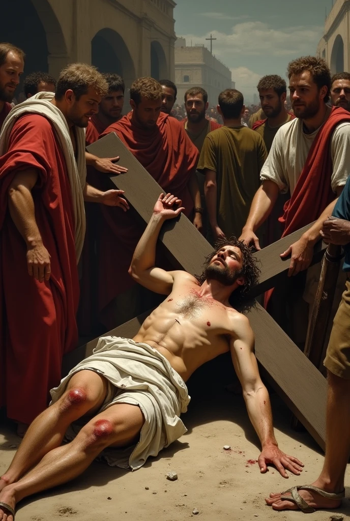 Jesus is depicted lying face down on the ground after His first fall, with the heavy Cross pressing down on His back. The scene captures His intense suffering as the weight of the Cross crushes Him, pinning Him beneath the wooden beam. His robe is torn and soiled, and blood from the crown of thorns continues to flow down His forehead, mixing with sweat. His body is covered in dust and his hands and knees are scraped and bruised from the fall. Roman soldiers are shown around Him, some forcefully trying to lift Him up, while others watch with cold indifference or contempt. The background features the crowded, dusty streets of Jerusalem, under a somber, overcast sky that reflects the gravity of the moment. The scene emphasizes Jesus's physical and emotional agony as He lies helplessly under the Cross