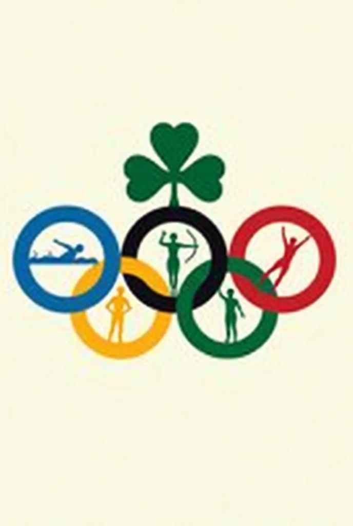 olympic hoops. Inside each one there is a silhouette of the five disciplines (swimming, gym, riding, archery and javelin). Behind the image is a fleur-de-lis with a clover