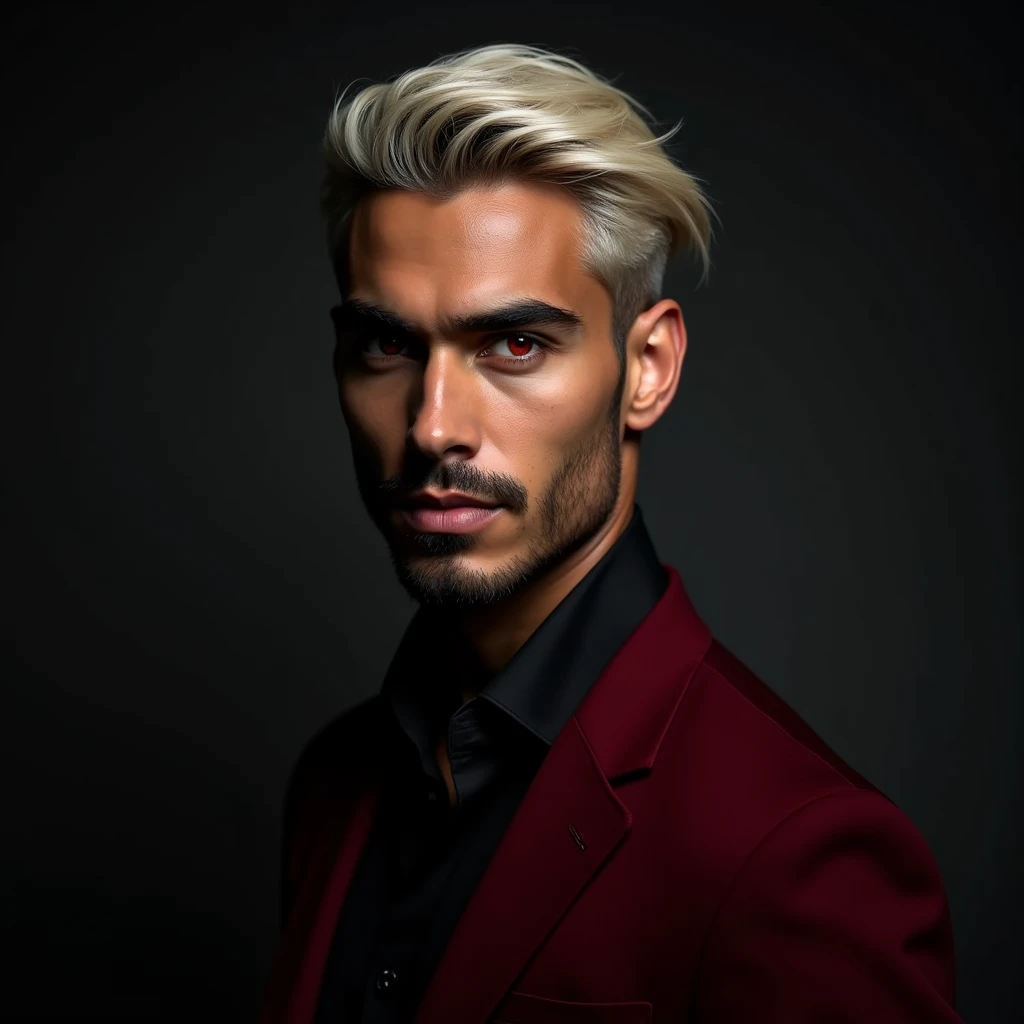 headshot of a very tall Arab-Egyptian featured male model, short platinum blond wavy textured swept back hair, long black stubble, lithe body, brown skin, vibrant red eyes, tall toned body. Professional expression. Wearing dark red and black clothes.