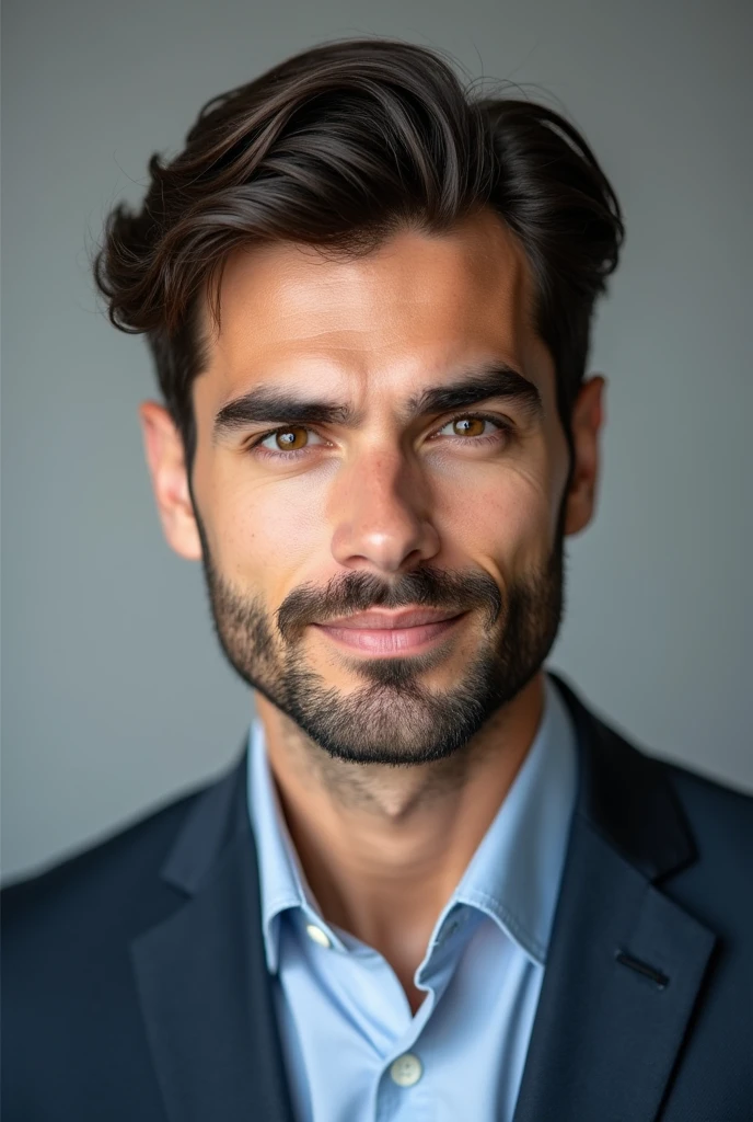 Professional headshot of a 22-year-old male with a diamond-shaped face, prominent jawline, and beard. The image should convey confidence and approachability, with a neutral background to maintain focus on the individual. The attire should be business-casual, and the expression should be serious 