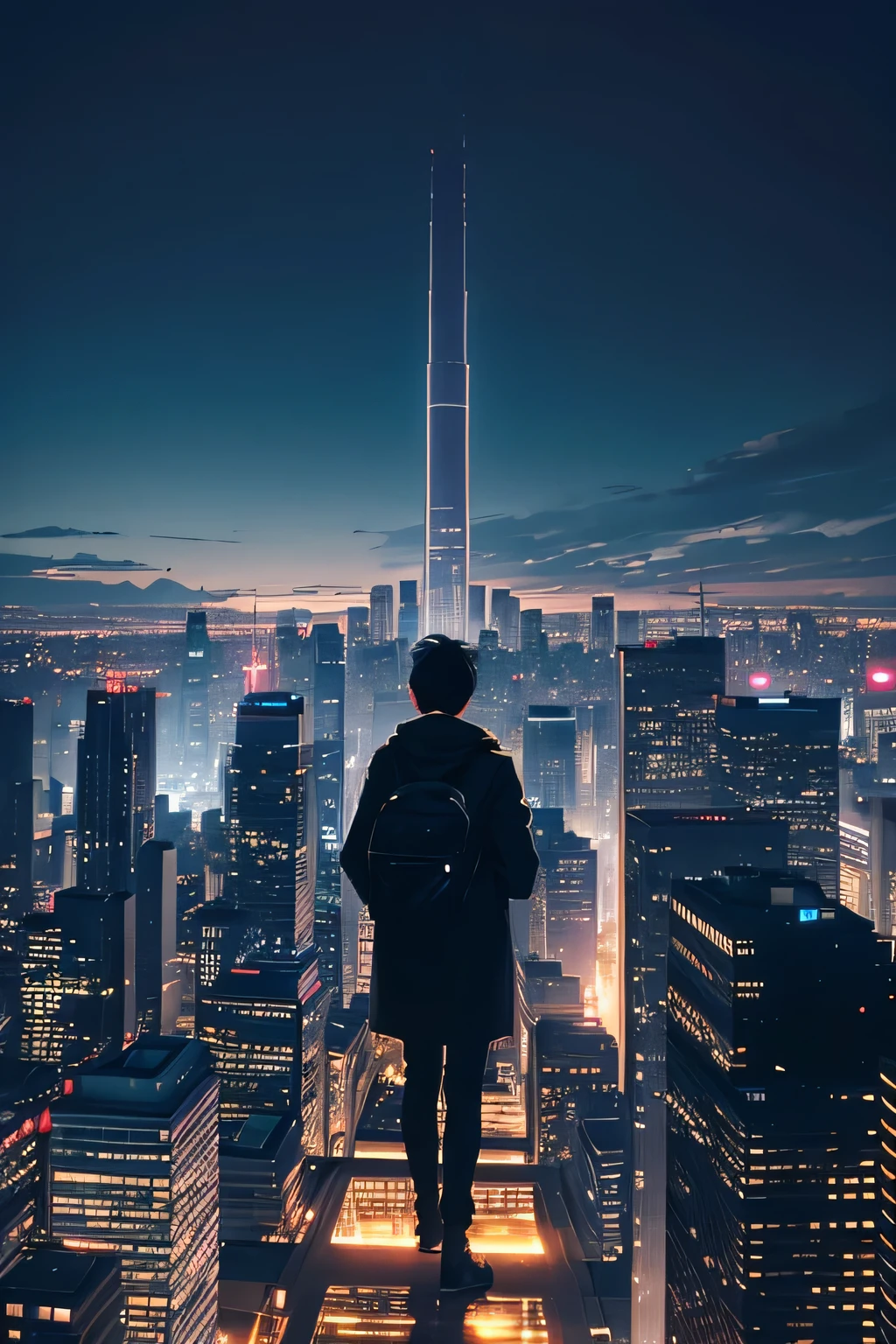 A cityscape at dusk with towering skyscrapers, each window lit up with identical glowing screens. People walk through the streets, all of them with their faces buried in their smartphones, oblivious to their surroundings. Above them, the sky is filled with floating icons representing social media, consumerism, and money, casting a shadow over the city. In the background, a lone figure stands at the edge of the city, looking out towards a distant mountain range, symbolizing the search for meaning beyond the shallow distractions of modern life.