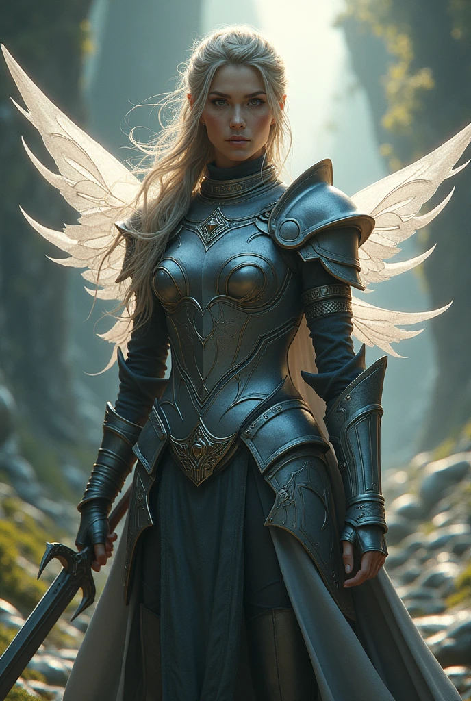 A woman with gray armor and with sword and fairy wings