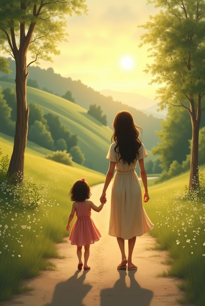 mother and girl walk in the road