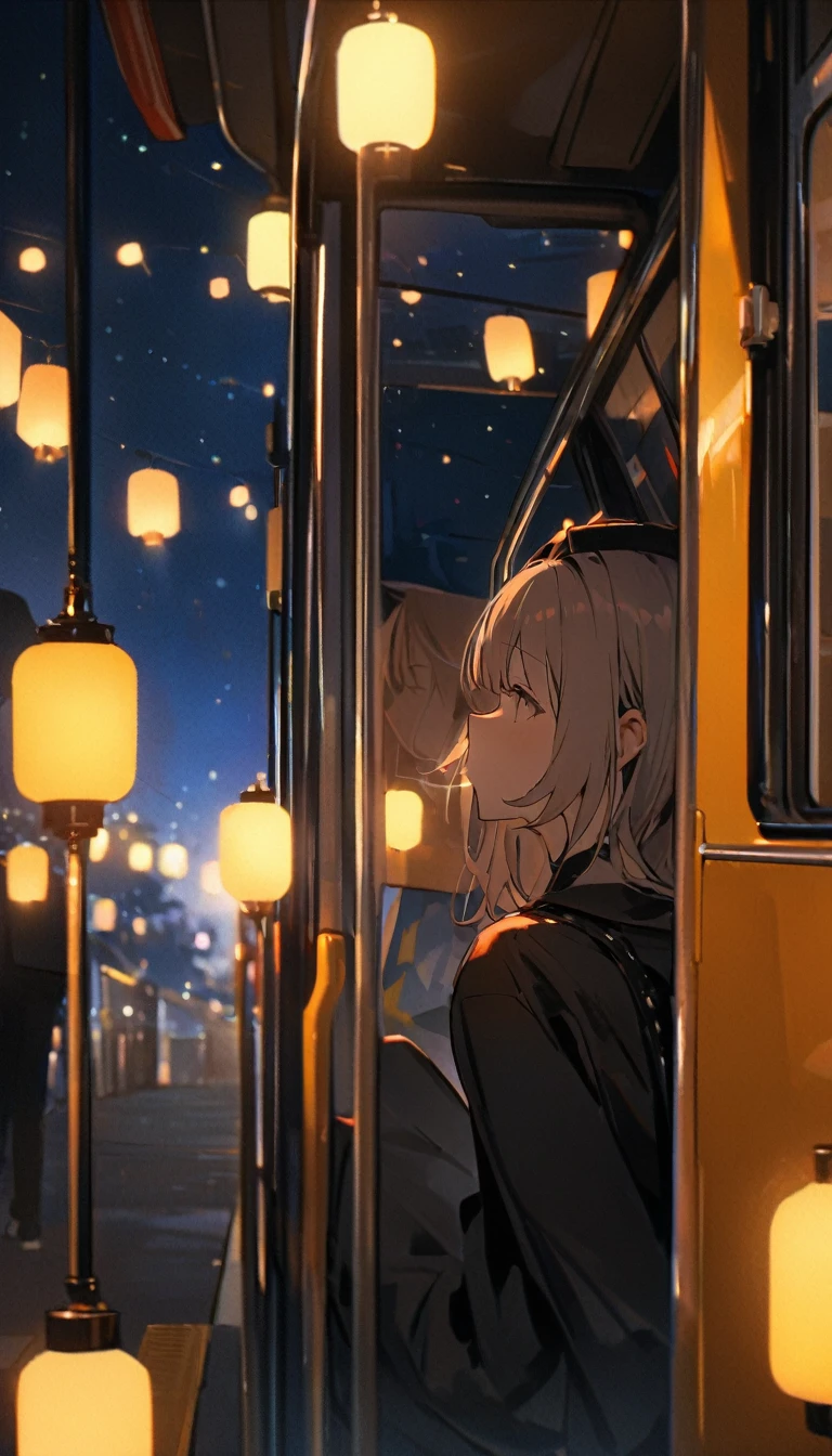 ((Ridiculous)),超high resolution, Attention to detail, high quality, high resolution, 最high quality, 4K, 8K、beautiful girl sucks a man's penis, kneeling, side view, on a bus, night, dark, lighting from lanterns 