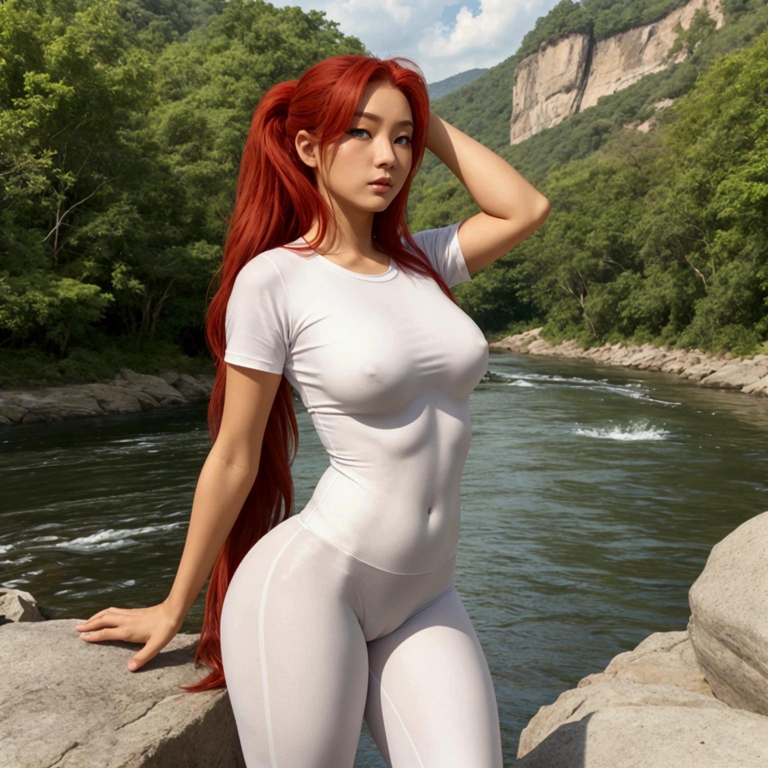 A frontal full view of a standing and sexy beautiful female asian, long red hair in a pony tail, green eyes, skin tight white shirt, perky breasts, tight red leggins, full body, majestic curves, a natural river view background