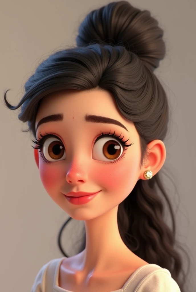 Pixar style image with oval face, with small brown eyes of 3D character, Caucasian female , long curly hair in a bun and , Disney makeup