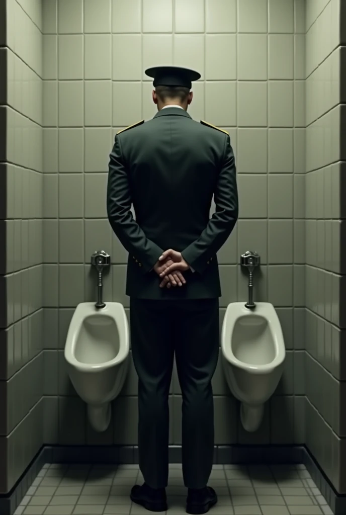 A uniformed soldier urinating in a wall urinal bowl. Epicrealism theme. View from behind