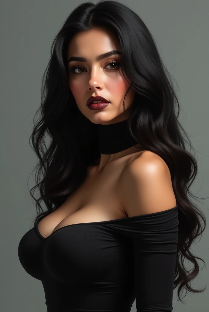 TurtleNeck,1girl,bare shoulders,black hair,breasts,brown eyes,closed mouth,collarbone,eyelashes,forehead,grey background,lips,lipstick,long hair,looking at viewer,makeup,m huge bust, side breasts, Indian actress, round face