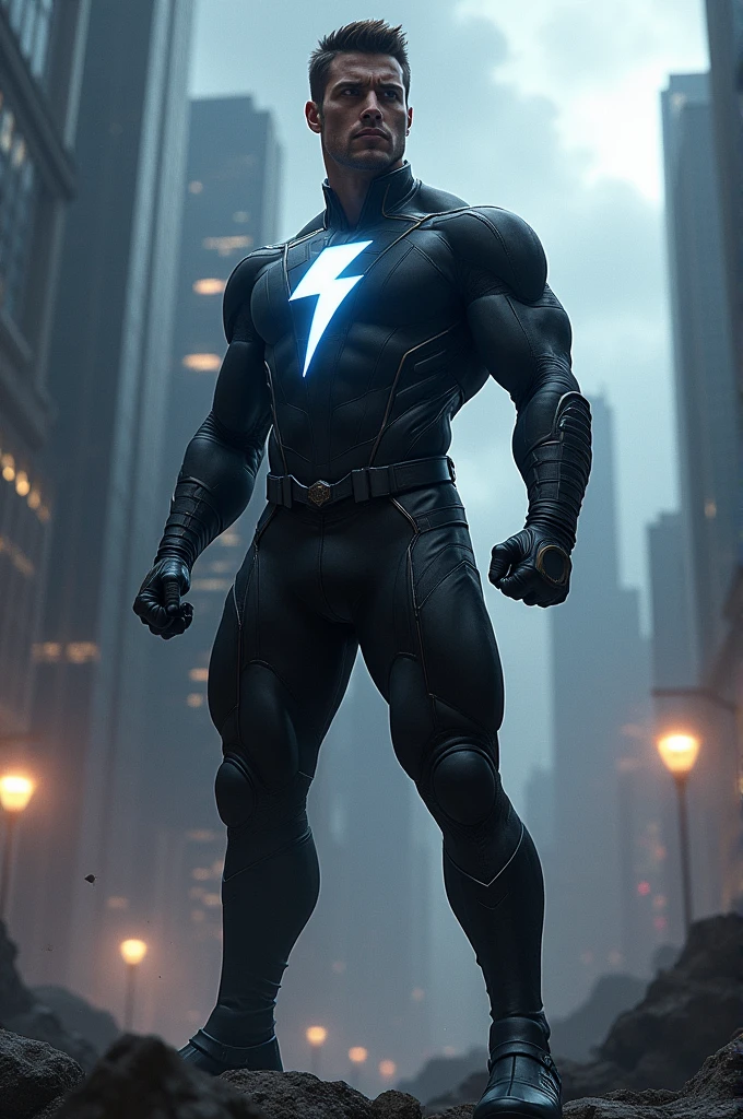 Create a hero with a black outfit and a lightning bolt on the chest with an armband