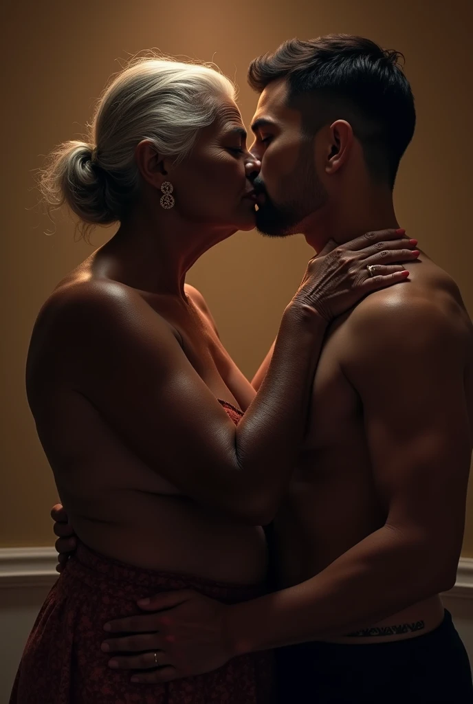 A bbw lady wearing wet white translucent sexy lingerie is kissing a javanese old  man, highres, full body, dynamic view