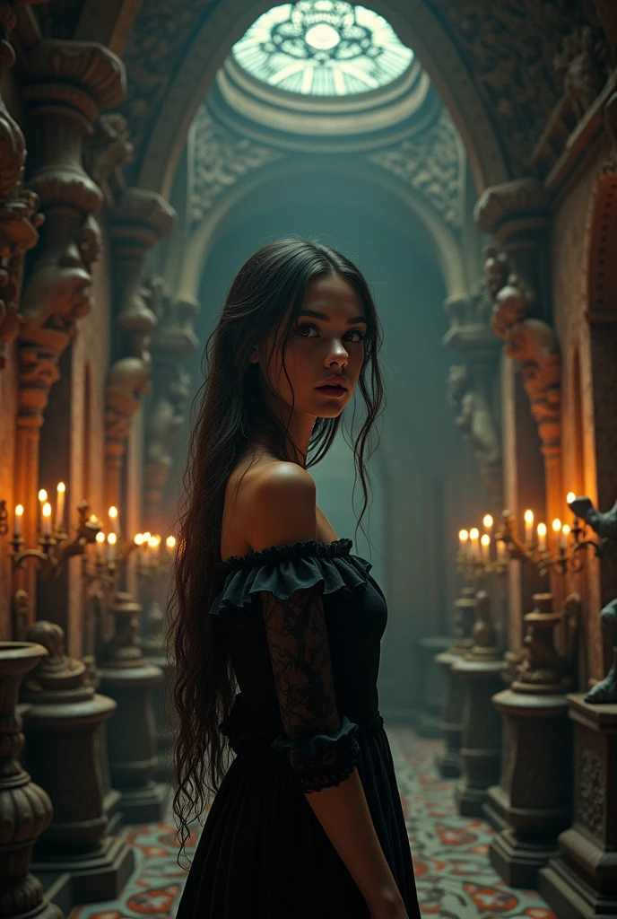 1 fille, Beaux yeux détaillés, belles lèvres détaillées, visage extrêmement détaillé, long cils, intérieur complexe d'un temple vaudou, bougies, ambiance mystique, éclairage clair-obscur, couleurs sombres et maussades, Éléments occultes, sculptures ornées, objets anciens, ombres dramatiques, Éclairage dramatique, composition cinématographique, Fantaisie sombre, magie noire, ambiance maussade, architecture gothique, Photoréaliste, hyper détaillé, chef-d'œuvre fille un peu plus au milieu du temple afin d apprécier la splendeur d intérieur