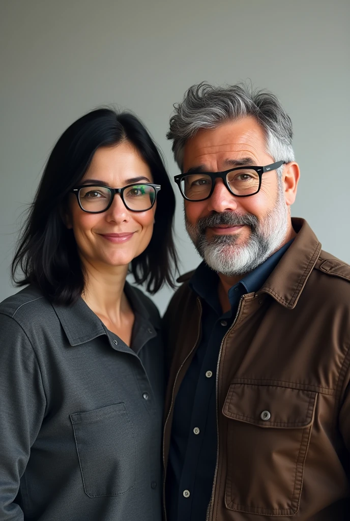 I want a white man with glasses and a beard, black hair with gray and a little overweight and a white woman with glasses and shoulder-length black hair looking forward.