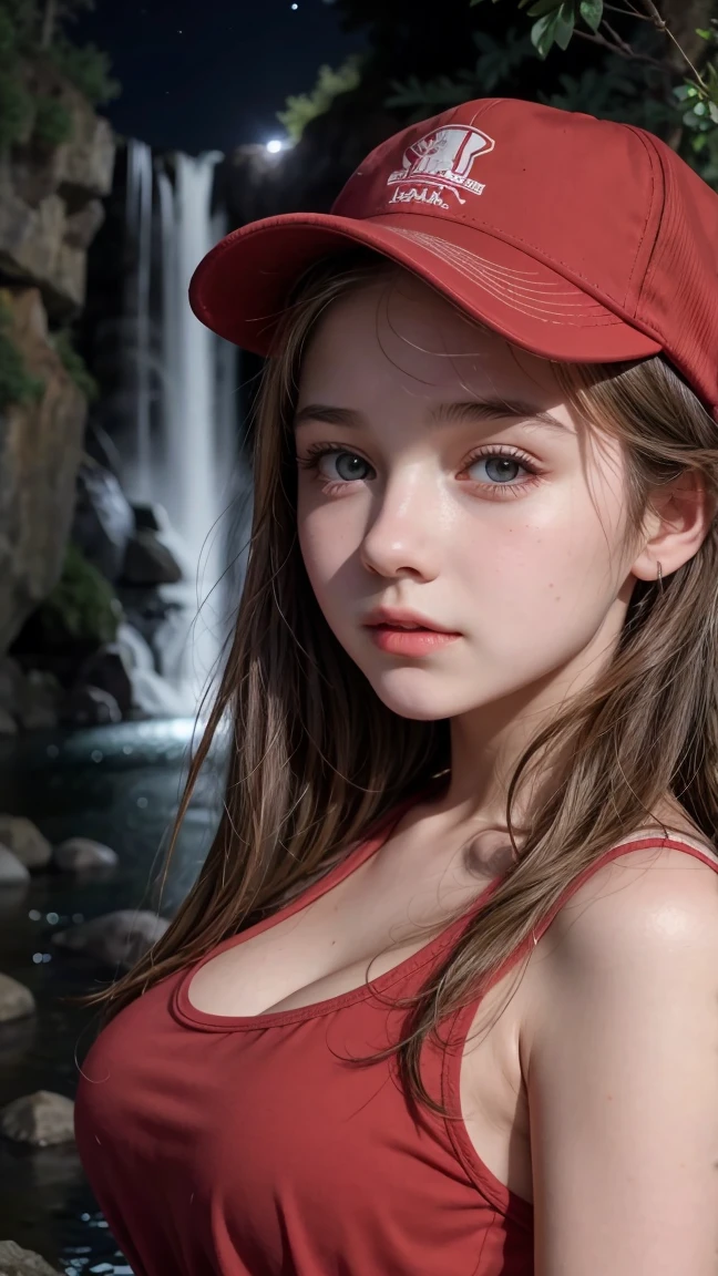 Close-up of a 12-year-old woman with a young and beautiful face., Big breasts 1.2, Wear a tank top, Red Hat, At the waterfall, At night, cinematic scene, UHD