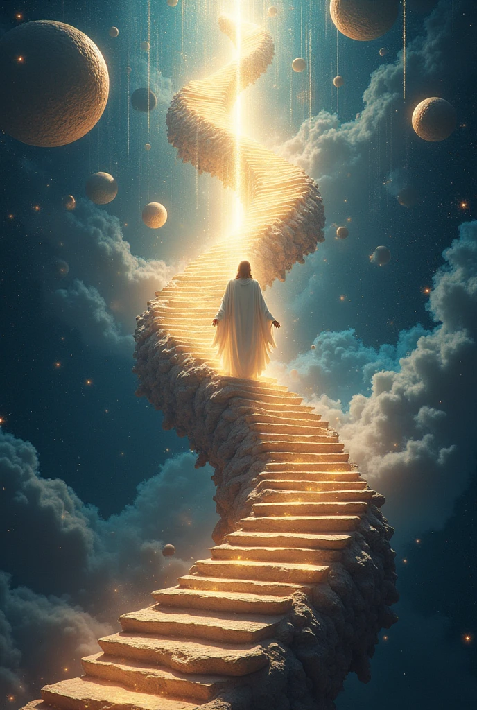 Universal ascension exploring dimensions Jesus ascending a DNA-shaped staircase between worlds spheres of ascension path between spiritual worlds, dimensional, and new realities until reaching paradise to God. According to Urantia Book 