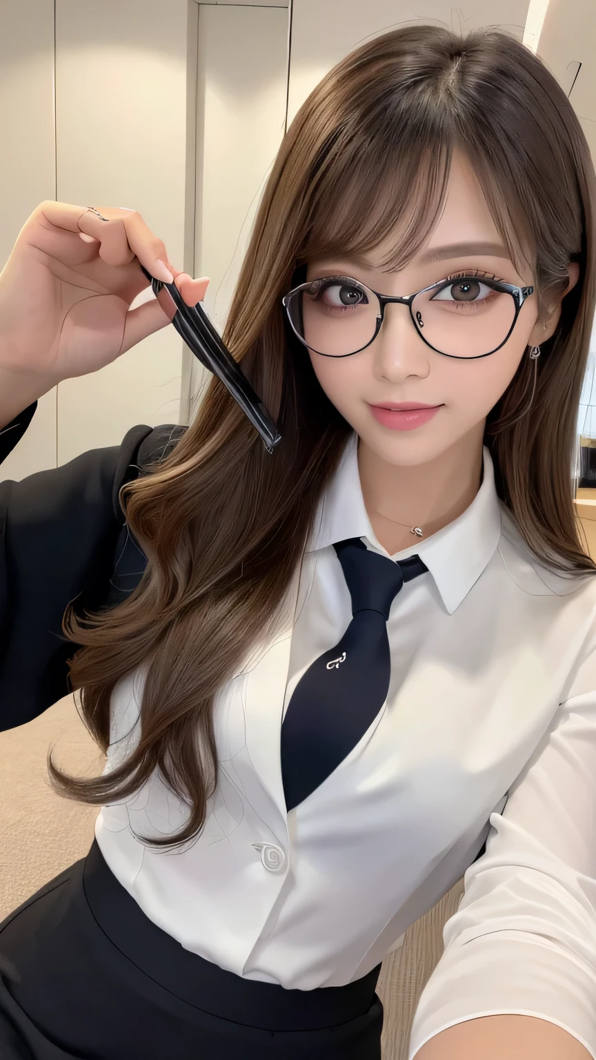 ((Highest quality, Tabletop, Ultra-high resolution、The most complex and detailed depiction))、(Bright lighting:1.1)、(spring-like clothes)、(Beautiful woman:1.1)、(Long Wavy Hair:1.05), (Accurate anatomy:1.1)、Glasses、Colored contact lenses、Perfect Makeup、Natural Lip、Highly saturated eyeshadow、Sexy Lawyer, Classy business skirt, Black blazer, White dress shirt, Tight Skirt、Short skirt、Blurred Background, Look at me and smile、Luxurious Room、(Face close-up:1.1)、(Ultra-high resolution gloss, Fair skin:1.1)、Ultra-high resolutionの顔、Ultra-high resolutionの髪、Ultra-high resolution sparkling eyes、Ultra-high resolution glossy lips、(Brightly lit white skin:1.1)、Beautiful face drawn in every detail、Ultra-high resolution perfect beautiful teeth、(Bright and vivid:1.1), whole body,