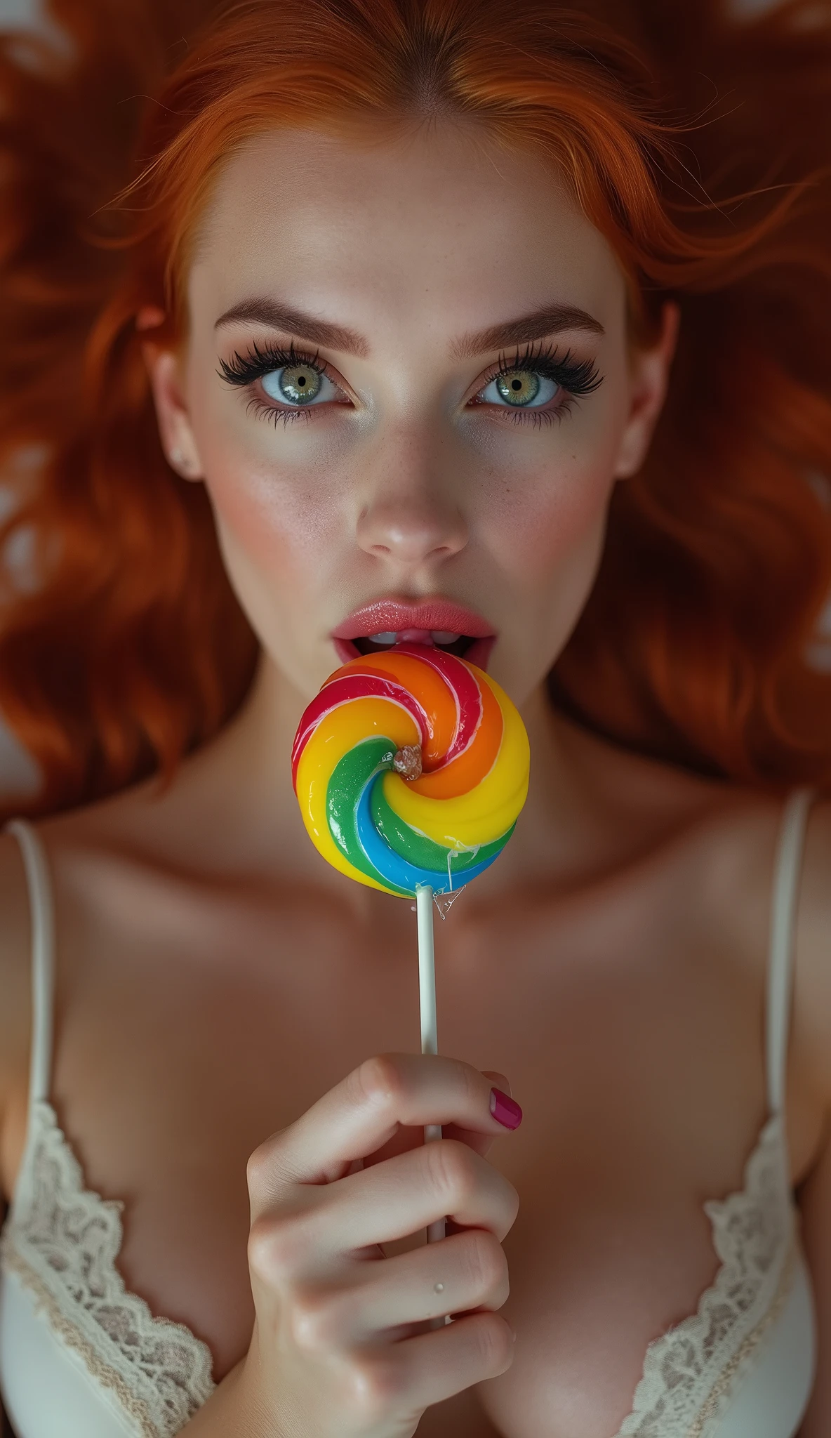(full body shot:1) photorealistic image of a (laying pose:1) woman, ultrarealistic, photography, long red hair, woman, 2, hourglass figure, perfect body, Flirty look, natural medium breasts, blur background, her wet tongue licking a thick and long rainbow-coloured spiral lollipop, a little bit of saliva is dripping from her tongue, seductive look, long eyelashes, cat-eye make-up, bare feet