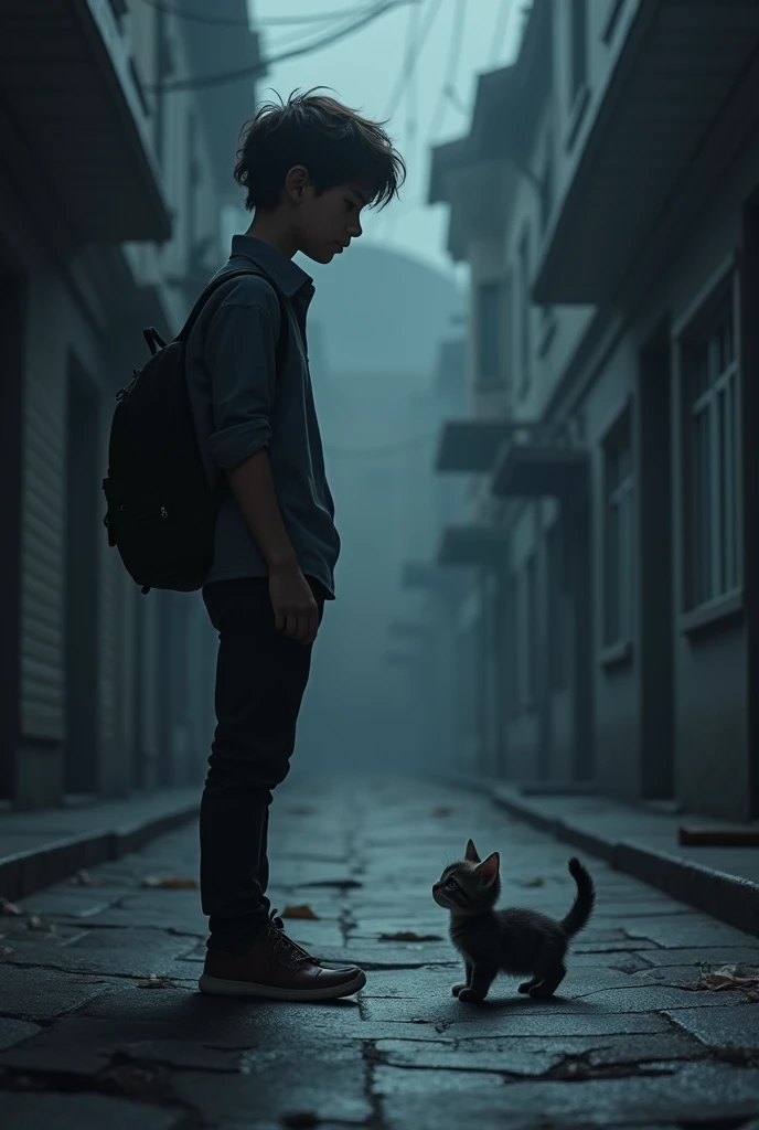 Max stares at the kitten, doubting whether to follow his path or help him. Finally, makes up his mind and picks up the cat, putting it in his backpack.