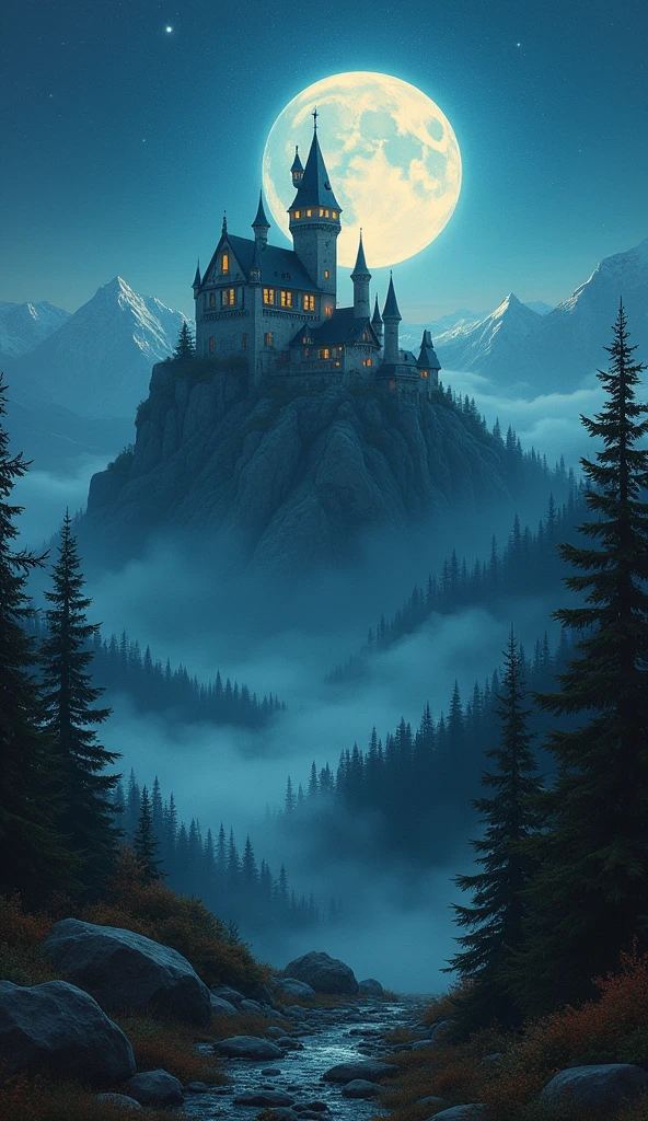 High-quality realistic acrylic art, vivid colors, Hot animated milf.a castle sitting on the mountain surrounding by the trees, foggy, dark night, moon and clear sky, (masterpiece),((ultra-detailed)), (highly detailed CG illustration),(expressionless), (best quality:1.2), High quality texture, intricate details, detailed texture, High quality shadow,