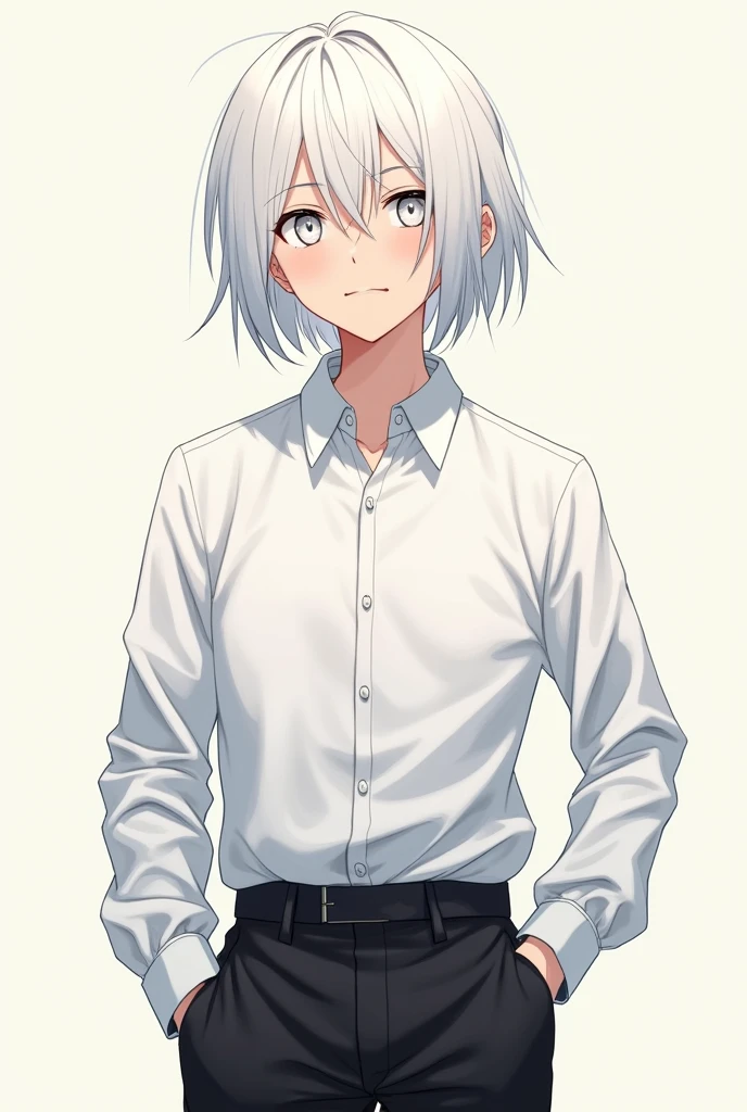 Anime Style、whole body、Standing posture、male、20th Generation、Bob with white hair、White eyes、White shirt、Black trousers、