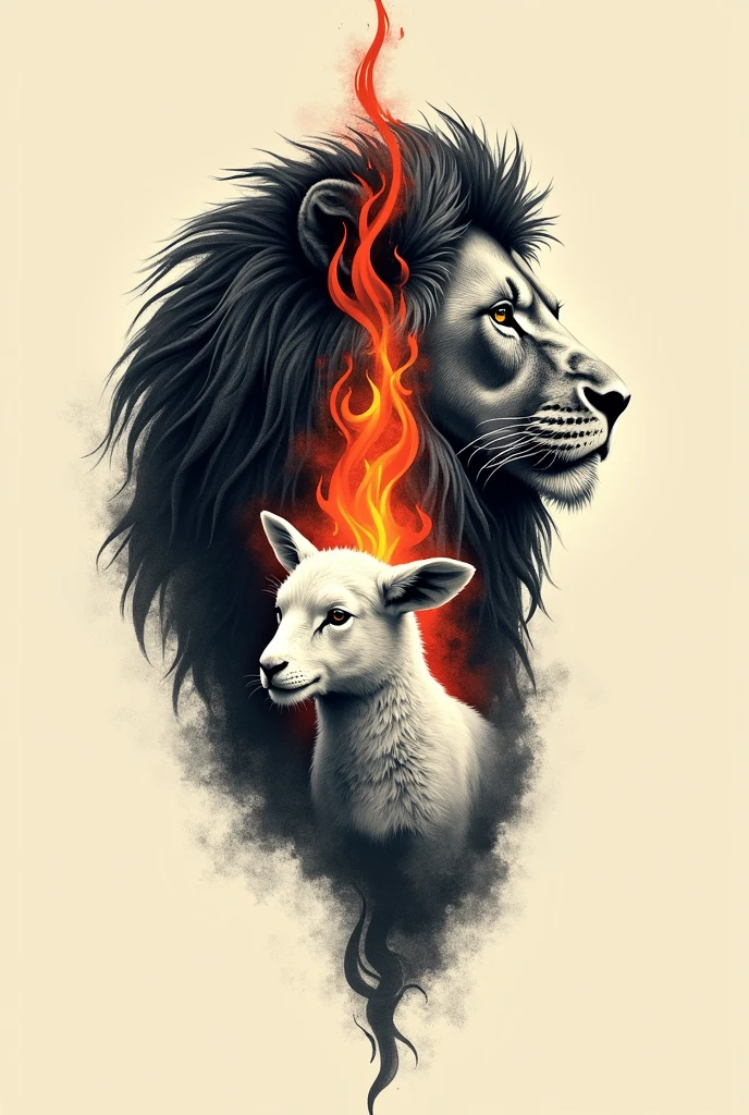 Tattoo of a lion&#39;s face looking to the right, a lamb looking to the left and a flame in the middle 