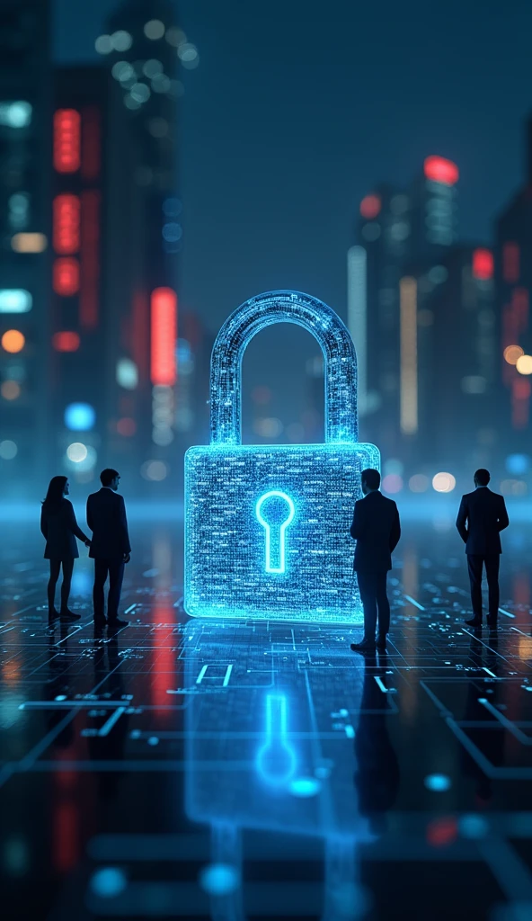 create a highly technological and realistic image about digital security containing a padlock and people