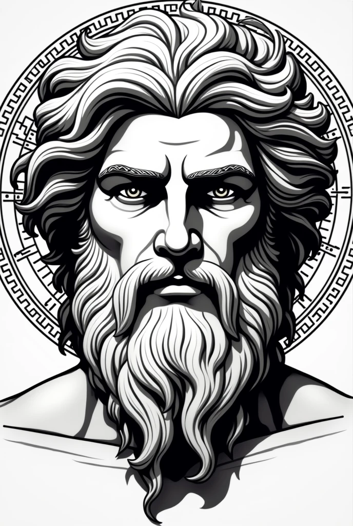 Make a linear image related to the Versace brand but with thick lines and with the face of Zeus in a frontal position.