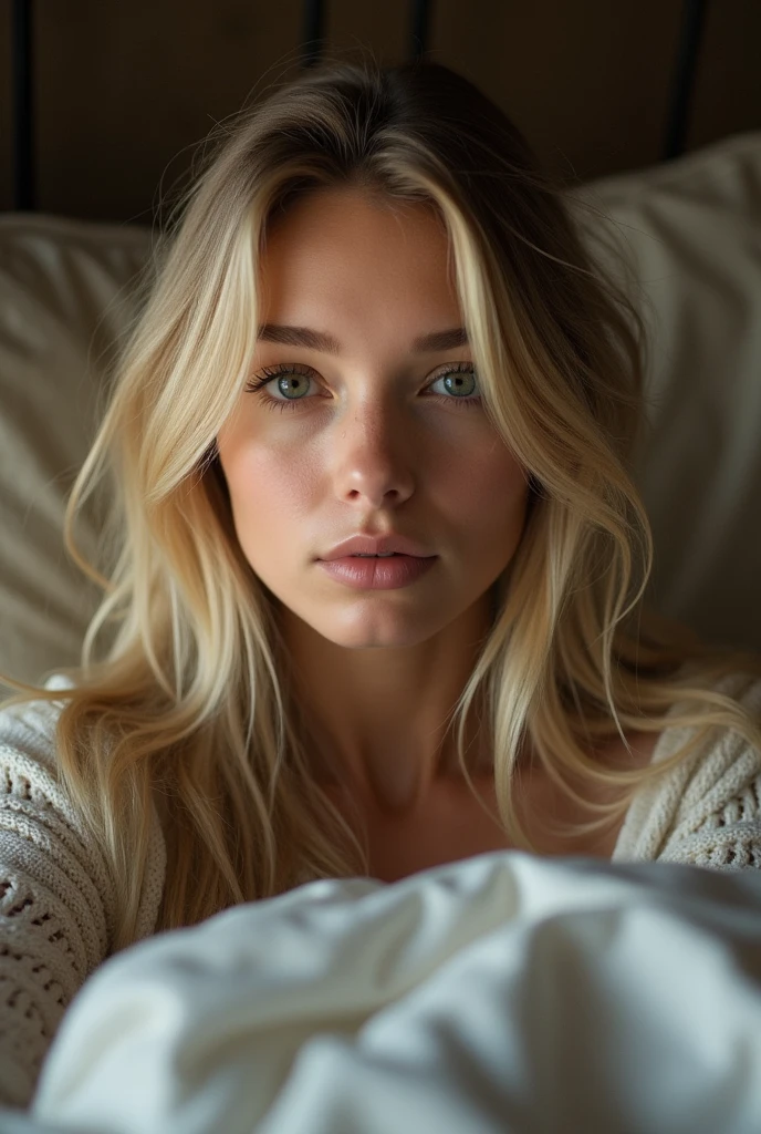 Photo of an 18-year-old girl with blonde hair and brown eyes, big breasts with a little cleavage, a big butt, Ava Young, (Amazing skin details: 1.4), (natural skin: 1.2), (pores: 0.6), (detailled eyes: 1.2), (bokeh: 1.2), (fotografia), (filmic), (photorealestic), (Ultrarealistic), in a comfortable bed, snuggled up in a blanket. The curtains are drawn, and the light is dim, while she sleeps peacefully.

