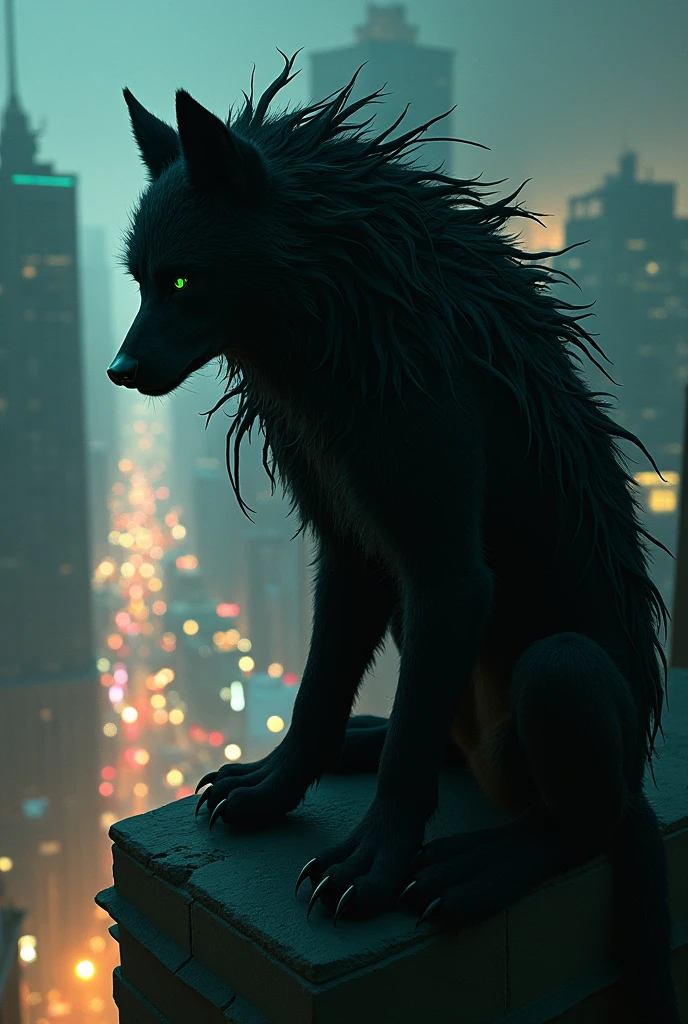 Black-furred female werewolf with green eyes, tied hair, horse hair, rebellious layered hairstyle. She is on top of the building, looking at the movement of the night city..