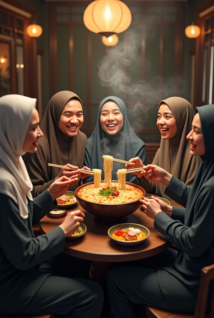 muslim women and muslim men hold the ramen 