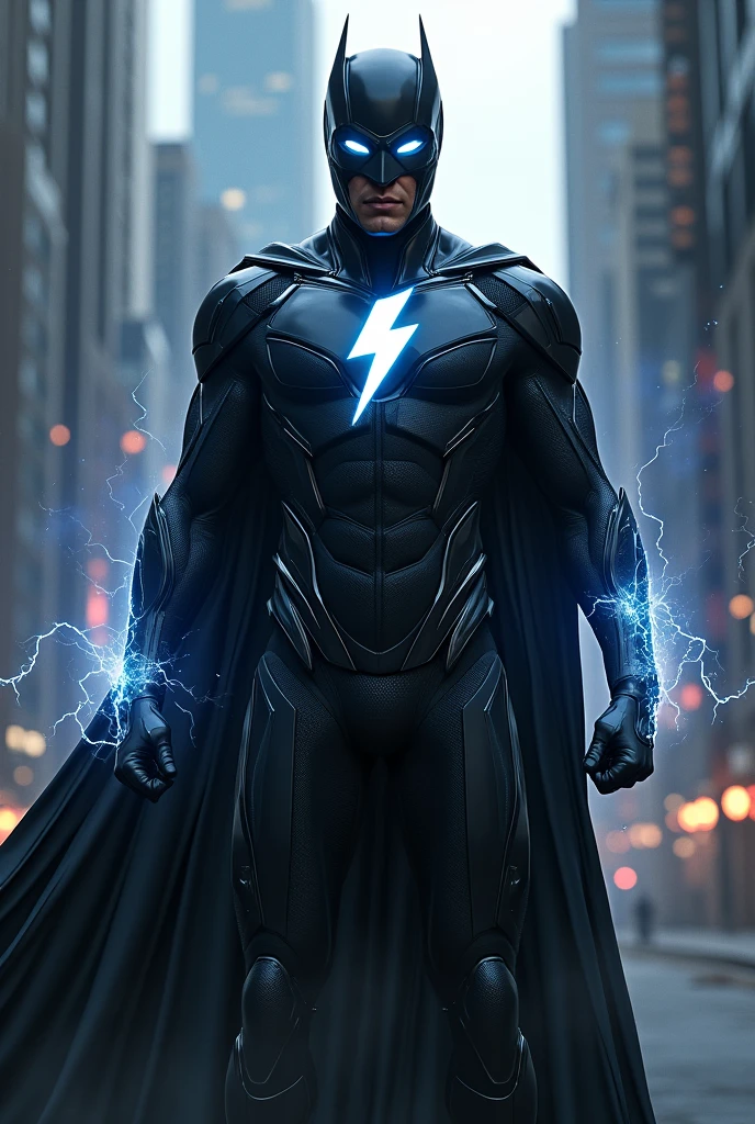 Create a hero with a black outfit and a lightning bolt on the chest with a cape for arms