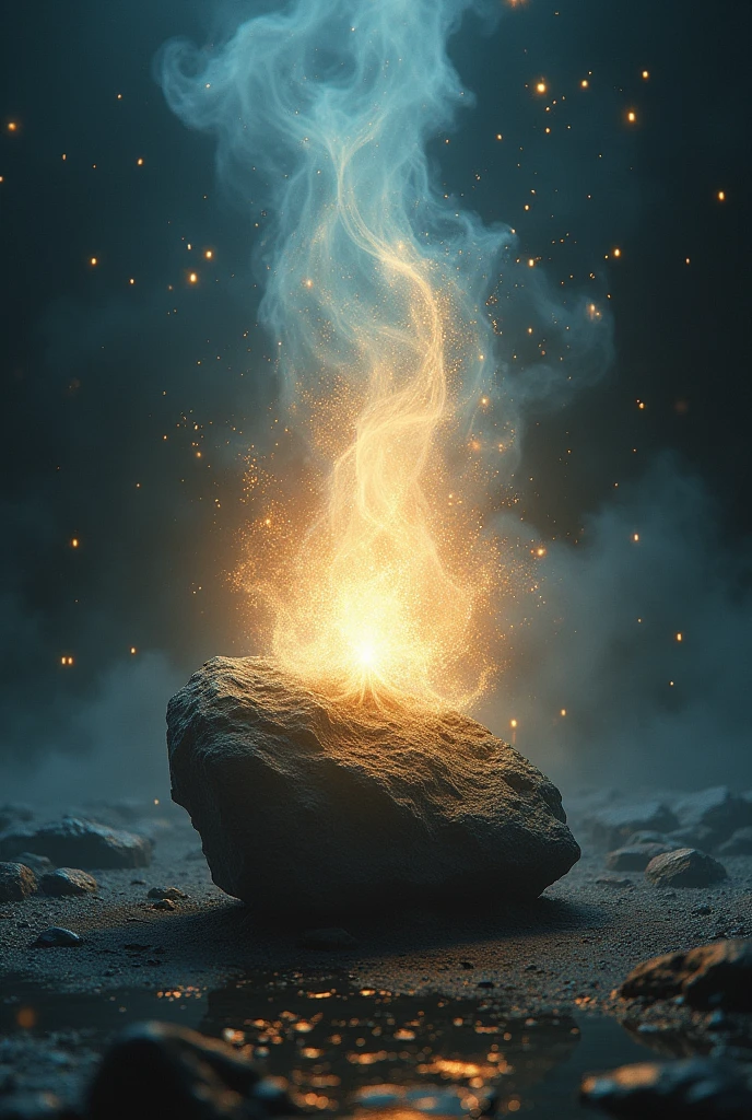 The moment Ram touches the stone: a bright light bursts forth, and the stone begins to transform into a glowing divine entity, with rays of light streaming outward."**