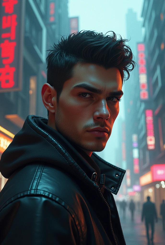 Change background cyberpunk handsome boy, realistic face,