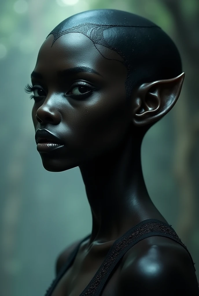 A girl with black skin and black eyes, Alien, pointed ears, high, beautiful