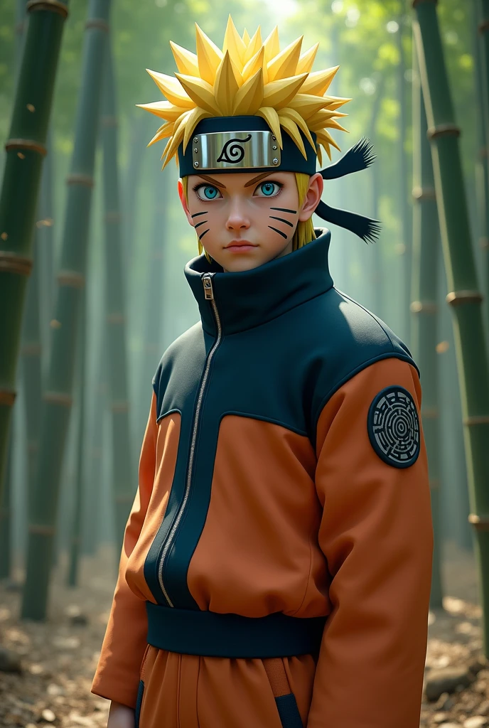 (best quality), (artwork), Ultra-detailed, 1 boy, Naruto uzumaki, epic pose, Action, particle effects, long sleeve, emphasis lines, movement lines, full body of Naruto uzumaki, artwork , best quality, full detailed, 1 boy, handsome, male, Looking at the viewer, Naruto, detailed blue eye, yellow hair, konoha leaf headband with realistic details, realistic eye, realistic eyebrow, realistic nose, realistic mouth, realistic skin , realistic face, realistic head, realistic body, cinematic background art, sharp big eye, photorealistic, photo shoot, only three lines on the face, Naruto uzumaki dress code, Forest Combat vs Samurai 1.4, Bamboo Forest Combat