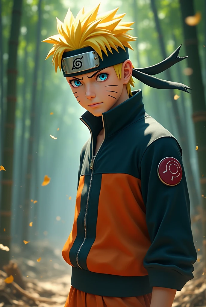 (best quality), (artwork), Ultra-detailed, 1 boy, Naruto uzumaki, epic pose, Action, particle effects, long sleeve, emphasis lines, movement lines, full body of Naruto uzumaki, artwork , best quality, full detailed, 1 boy, handsome, male, Looking at the viewer, Naruto, detailed blue eye, yellow hair, konoha leaf headband with realistic details, realistic eye, realistic eyebrow, realistic nose, realistic mouth, realistic skin , realistic face, realistic head, realistic body, cinematic background art, sharp big eye, photorealistic, photo shoot, only three lines on the face, Naruto uzumaki dress code, Forest Combat vs Samurai 1.4, Bamboo Forest Combat