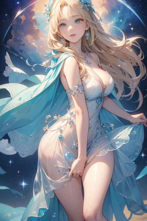 (masterpiece、Highest quality、8k、High resolution)、(The best beautiful girl)、Best Style、(The most beautiful face)、Beautiful Skin、Clean blue eyes、Beautiful Lips、Beautiful Nose、Blonde、Ample breasts、Walking on the sand、look back、The curves of her buttocks are round and beautiful..、Ocean、You can see the forest、A bright night with the stars clearly visible、Beautiful starry sky、milky way、(体whole bodyから神秘的な光の粒子、Colorful light)、The face is beautiful、(jewelry、necklace)、White lace dress、(whole body)、Highly detailed anime art、A complete portrayal、