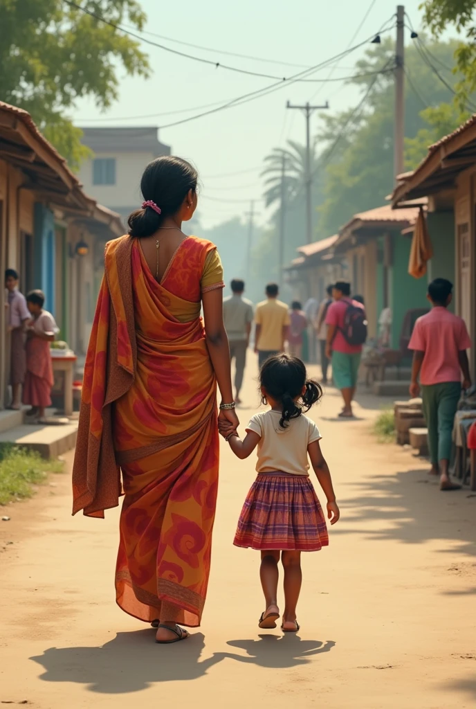 Bangladeshi mother and girl walk in the road and go tl school
